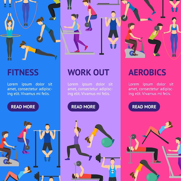 Cartoon People Workout Exercise in Gym Banner Vecrtical Set Body Training Flat Design Style Vector illustration