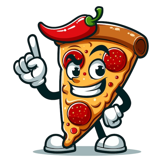 cartoon pepperoni pizza slice holding up a single finger in a playful gesture vector illustration