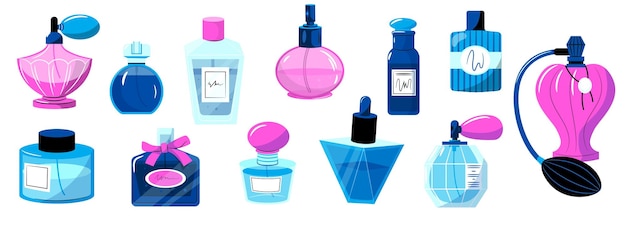 Bottiglie di profumo cartoon tubi colorati con fragranze lussuose e prodotti cosmetici donna colonia di lusso set vettoriale