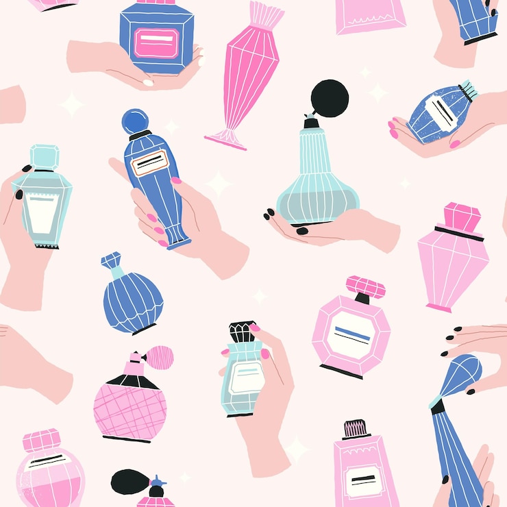 Vector cartoon perfume pattern abstract grungy doodle bottles and flasks with aroma liquid feminine cosmetic packaging design vector texture