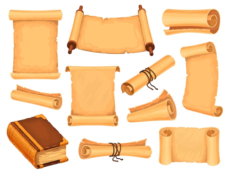 Vector cartoon perkamentpapier en magisch boek voor fantasiespel. oude tovenaarsrollen. oude papyrus, middeleeuwse schatkaarten en brieven vectorreeks. religieuze documenten, historische certificaten