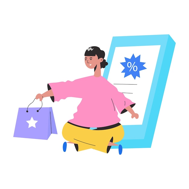 A cartoon of a person holding a shopping bag and a sign that says percent