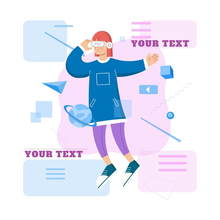 Vector cartoon of person with vr headset and abstract digital elements metaverse world mj020