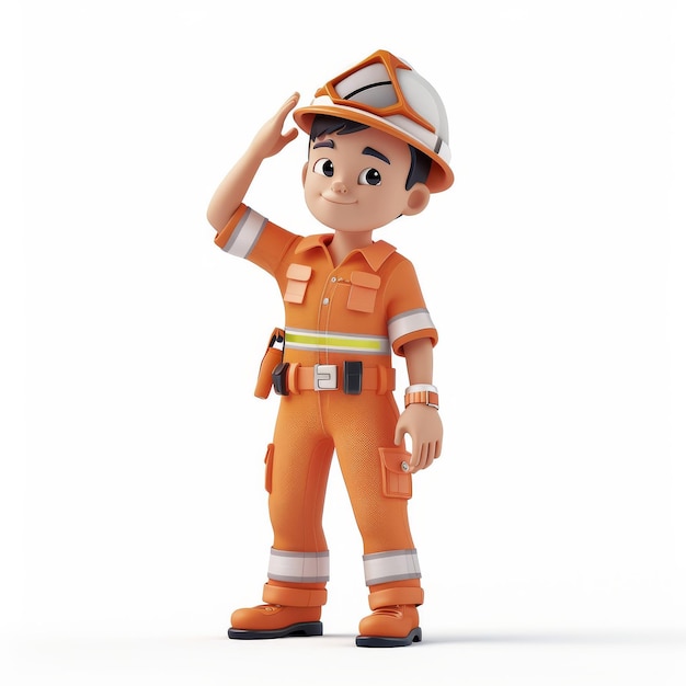 Cartoon personage een Aziatische brandweerman in oranje overalls en witte helm