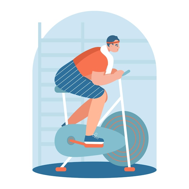 Cartoon personage in sportieve kleding die traint op een sportfiets