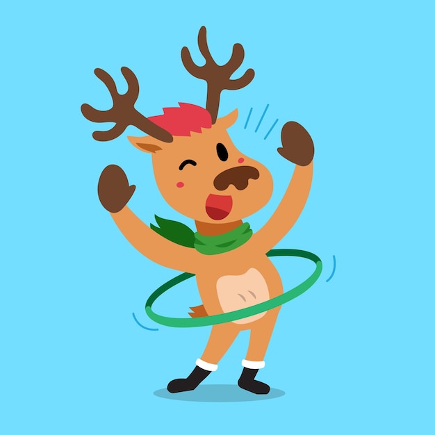 Vector cartoon personage kerst reindeer oefenen met hula hoop