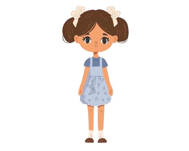 Cartoon personage meisje in jurk met haar strikken op witte achtergrond