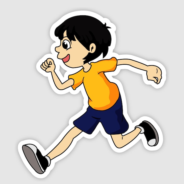 Vector cartoon personage sticker met een jongen die loopt op een grijze achtergrond