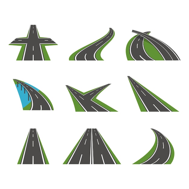 Cartoon Perspective Curved Road Icons Set Asphalt Transport Way Flat Style Design. Vector illustration