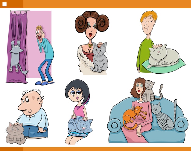 Cartoon pet owners with their cats comic set