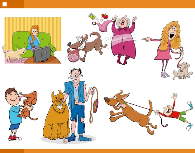 Cartoon pet owners with their dogs comic set