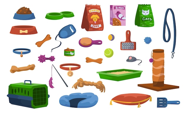 cartoon pet toys assortment of veterinary store products for dogs or cats collection of food bowl collar and leash throwing balls and biting bones vector merchandise for grooming