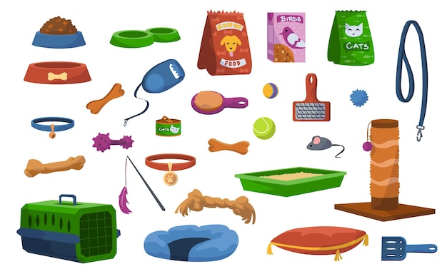 Cartoon pet toys Assortment of veterinary store products for dogs or cats Collection of food bowl collar and leash Throwing balls and biting bones Vector merchandise for grooming