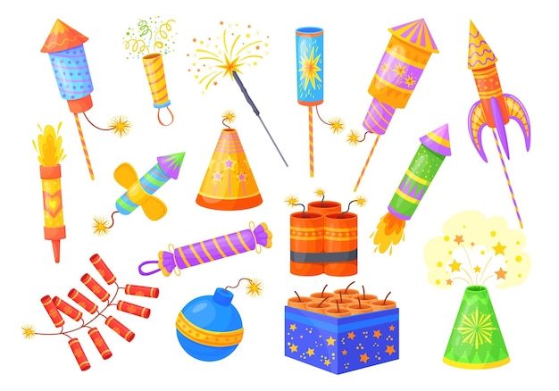 Cartoon petards Feast firecracker and fireworks fire crackers explosion pyrotechnic fountain firework festive salute party celebration flapper confetti neat vector illustration