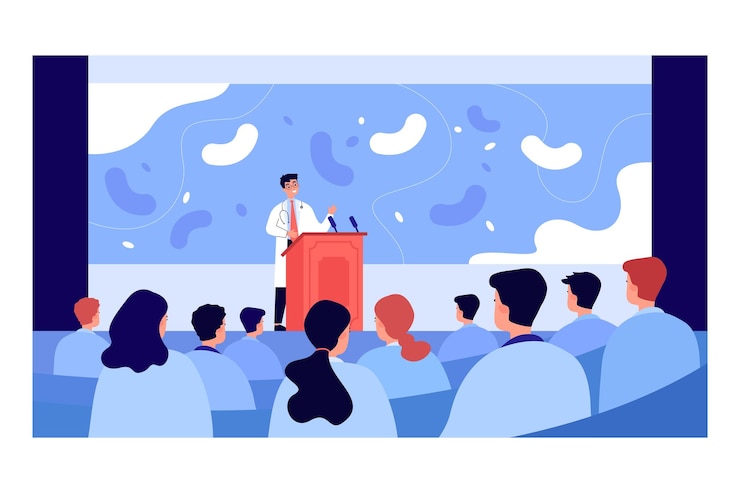 Vector cartoon pharmacist giving presentation on seminar