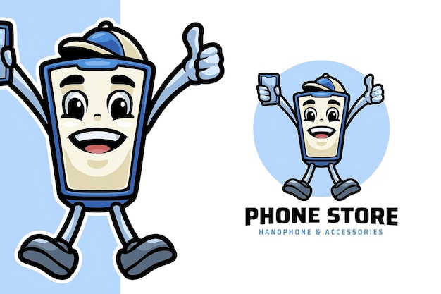 Vettore un cartone animato del logo di un negozio di telefoni con uno sfondo blu e bianco.