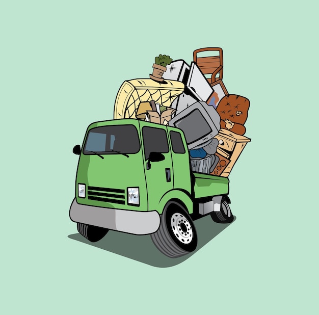 Cartoon pick-up truck geladen vol met huishoudelijke rommel ontwerp illustratie