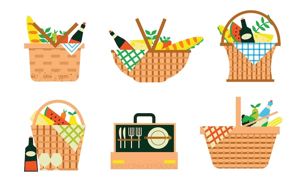 Cartoon picknickmanden zomer familieweekend rieten tassen voor eten of drinken dekens en sportinventarismanden met wijnflessen en fruit bestekdoos vector containers set