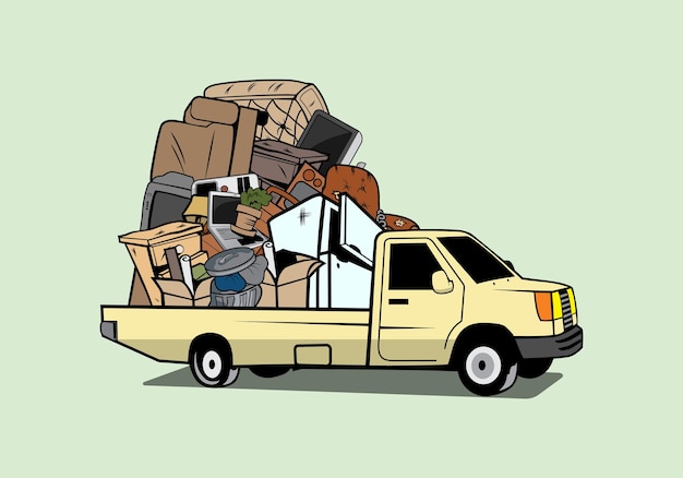 Cartoon pickup truck loaded full of household junk design illustration