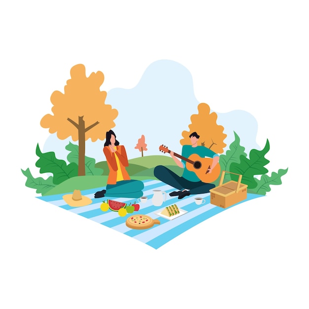 Cartoon picnic concept, happy couple on summer recreation activities  illustration