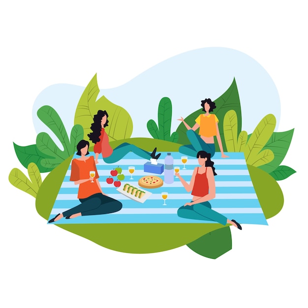 Vector cartoon picnic concept, happy people on summer recreation activities  illustration