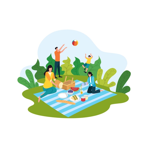 Cartoon picnic concept, happy people on summer recreation activities  illustration