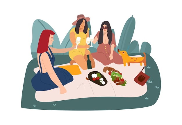 ベクトル 公園で毛布の上に座っている漫画のピクニック自然の中で食べたり話したりしているかわいい女性レクリエーション活動孤立したシーン友人との週末の休暇ベクトル夏休みフラットイラスト