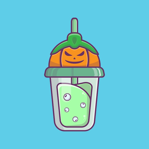 Cartoon pictogram illustratie van oogappelsap in een pompoenfles. Halloween-concept.