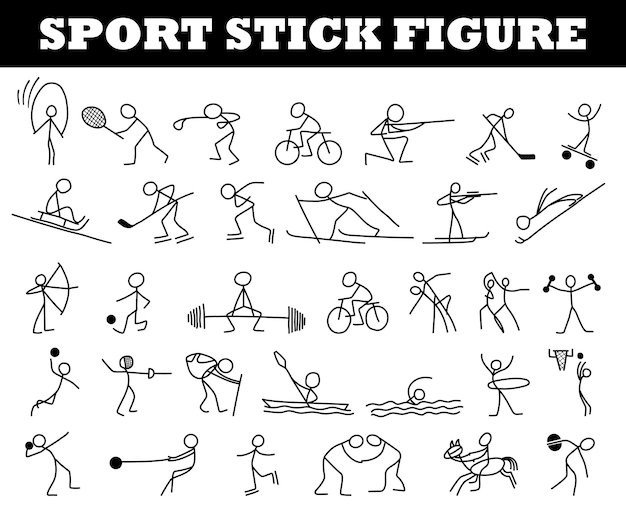 Cartoon pictogrammen sport set schets weinig vector mensen in schattige miniatuurscènes.