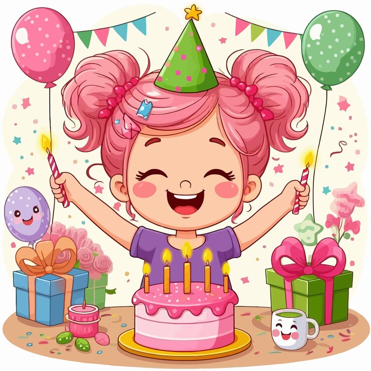 Vector a cartoon picture of a girl with a birthday cake and a birthday cake with a happy birthday on it