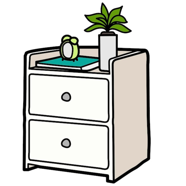 Vector a cartoon picture of a white dresser with a plant on top