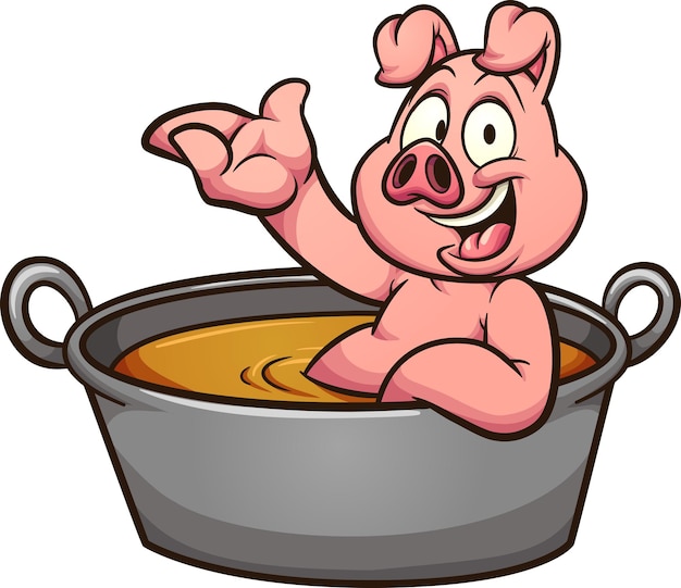 Cartoon pig bathing in a big casserole