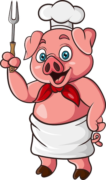 Vector cartoon pig chef holding a fork