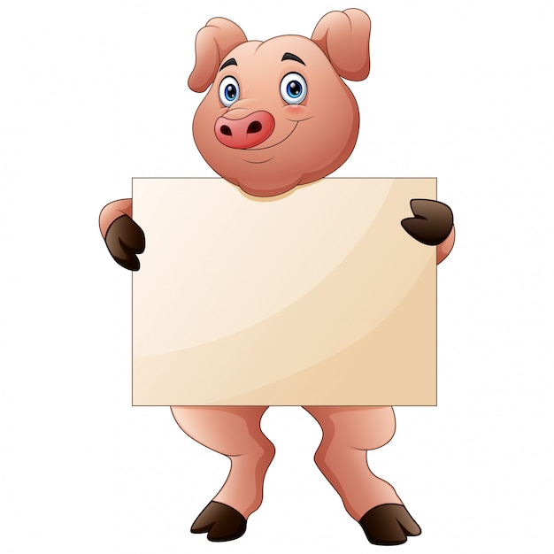 Cartoon pig holding blank sign with both hands