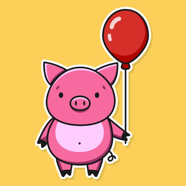 Мультяшная свинья с красным шаром Векторная наклейка