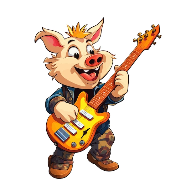 Vector a cartoon pig playing an acoustic guitar