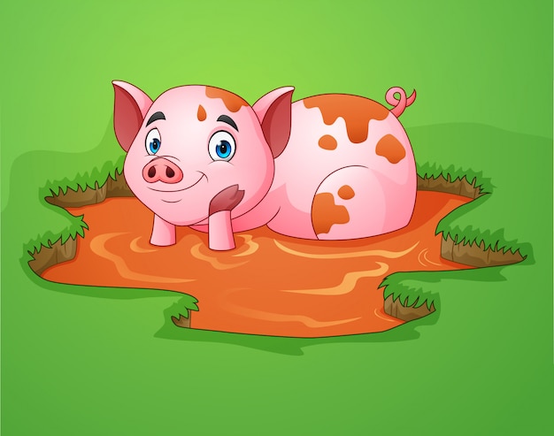Мультяшная свинья играет грязную лужу на ферме