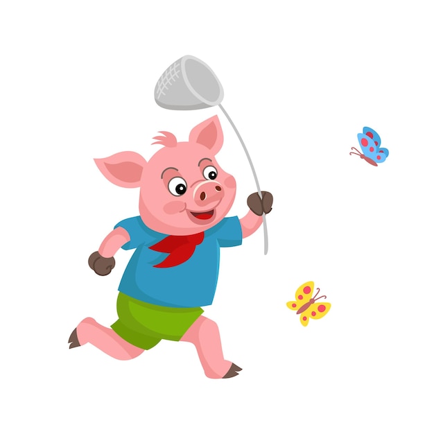 Cartoon pig running after butterflies with a net The Three Little Pigs