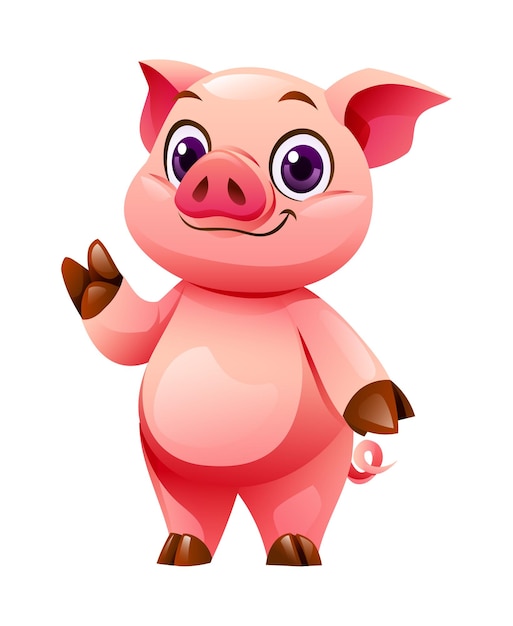 Карикатурная свинья, махающая рукой Векторная иллюстрация, изолированная на белом фоне