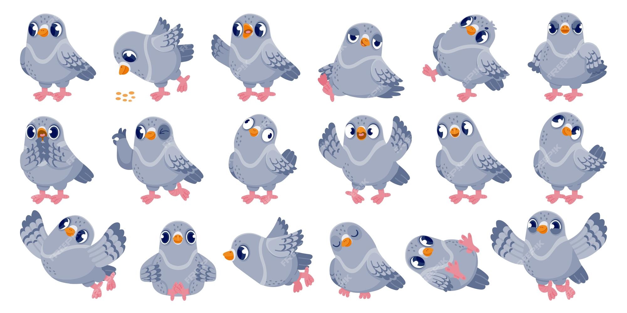 Premium Vector | Cartoon pigeon funny bird character with various emotions  in different poses comic mascot clip art vector dove animal in flight  isolated set