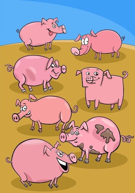 Vector cartoon pigs farm animal characters group