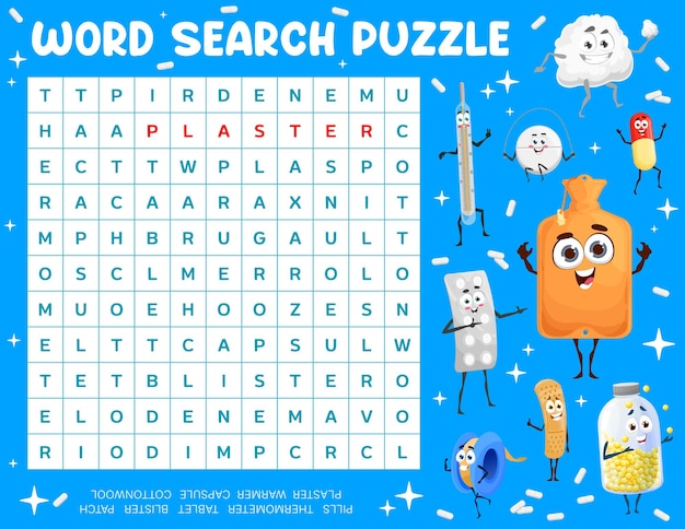 Cartoon pills characters word search puzzle game