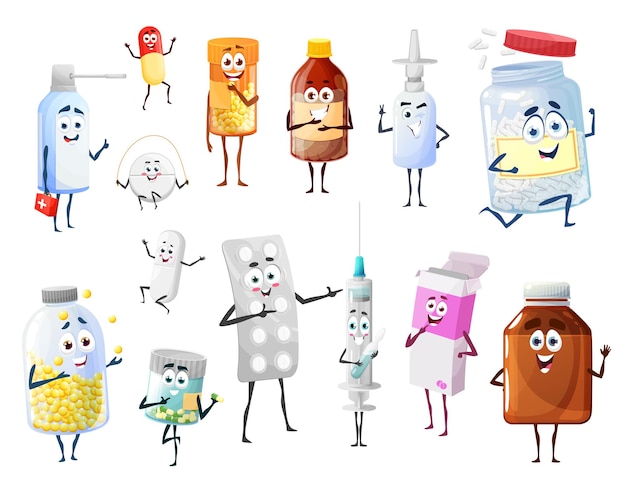 Vector cartoon pills and medicines, drugs funny characters