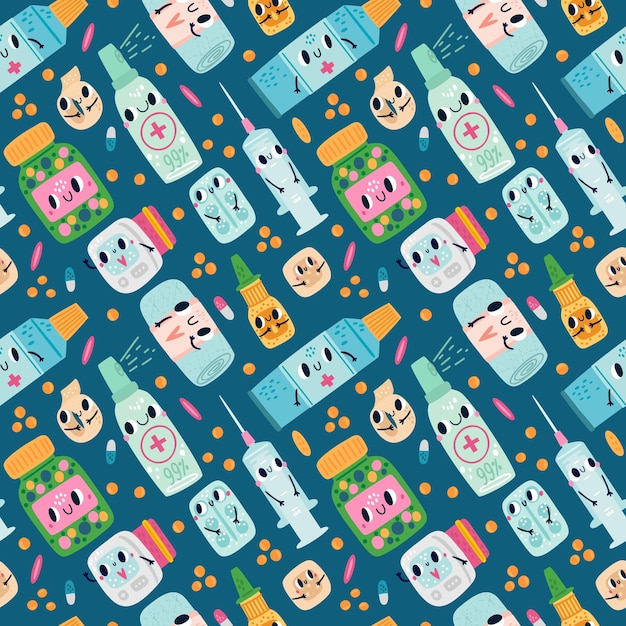 Cartoon pills seamless pattern cute print with smiling medicines comic pharmacology characters healthcare wallpapers medical bandages and syringe drug blisters vector background