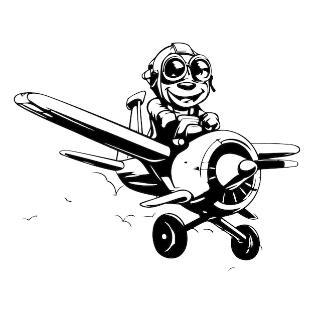 Cartoon pilot with airplane on the sky background Vector illustration