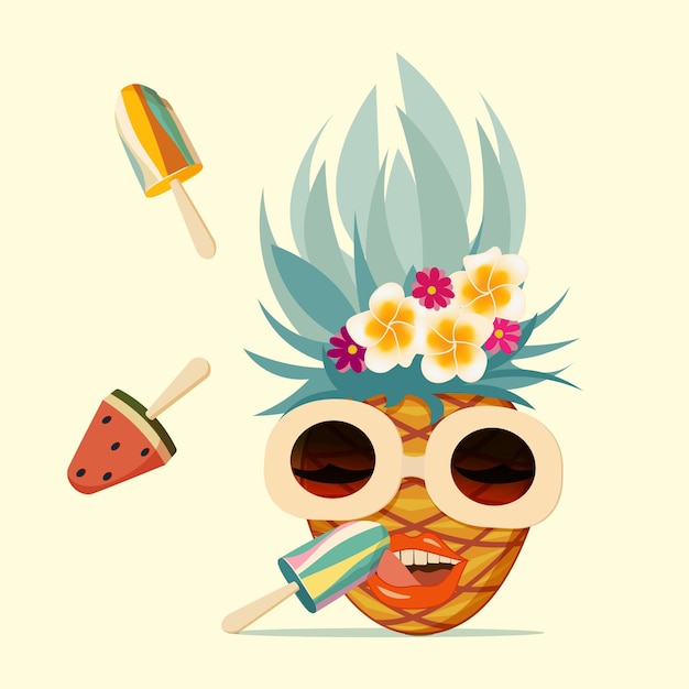 A cartoon pineapple with flowers and ice cream on it