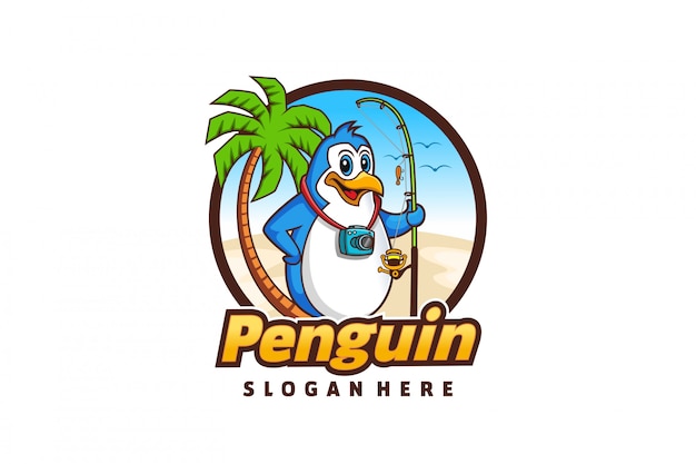 Cartoon pinguïn logo met een strandvissen thema
