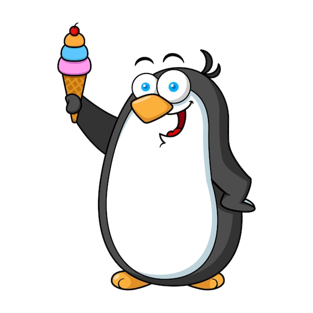 Cartoon pinguïn mascotte karakter houden ijsje
