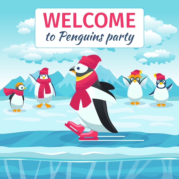 Cartoon pinguïns schaatsen. Dier op ijsbaan, welkom festival vakantie evenement feest. Vector illustratie