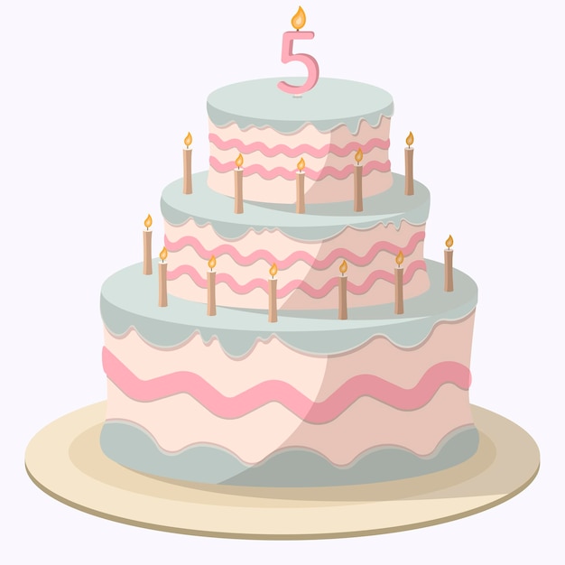 Cartoon pink-blue cake with candles and white mastic, cream decorations, and candy beads.